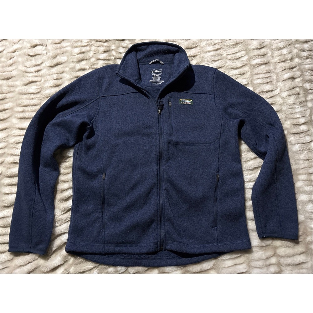 LL BEAN Sweater Mens Medium Blue Fleece Full Zip Jacket Slightly Fitted #504938